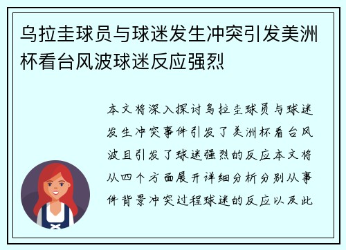 乌拉圭球员与球迷发生冲突引发美洲杯看台风波球迷反应强烈