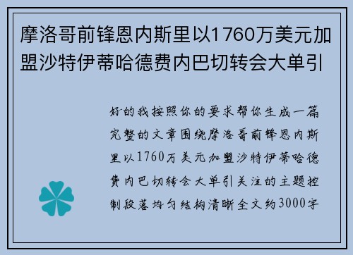 摩洛哥前锋恩内斯里以1760万美元加盟沙特伊蒂哈德费内巴切转会大单引关注 摩洛哥前锋恩内斯里以1760万美元加盟沙特伊蒂哈德费内巴切转会大单引关注
